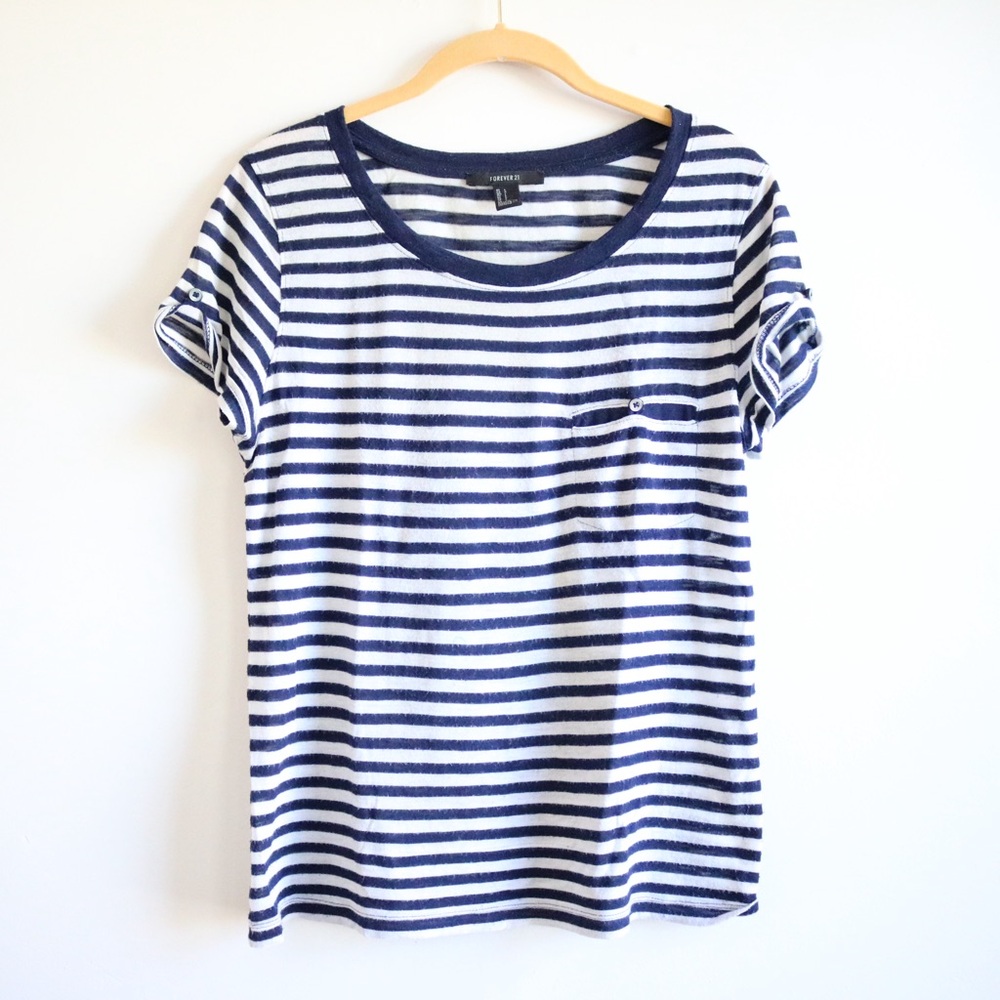 Forever 21 Navy and White Stripe Short Sleeve Tee Shirt